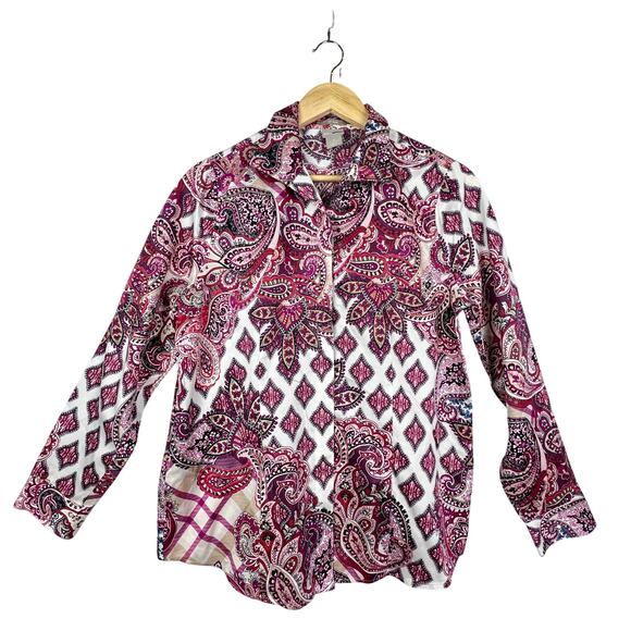 Chico's No-Iron Sateen Wing-Collar Shirt Women's Paisley Print Button Down Small - Picture 3 of 13
